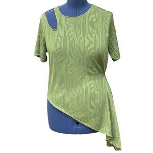 Boho Textured Squiggly Asymmetrical Top‎ Women's XL Lime Green Cut-Out Keyhole